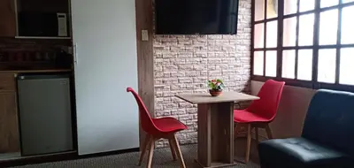 a table and chairs in a room with a brick wall at Habitación A1 Trabajar Kitchenette y baño privado in Lima