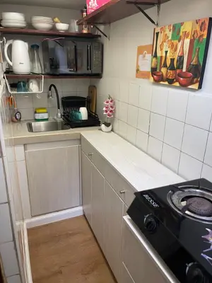a small kitchen with a stove and a sink at Mini Apartment ARES in Lima