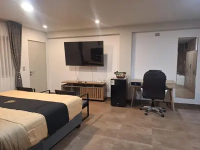 a hotel room with a bed and a desk and a television at Hotel MAXIMUM COMFORT FCA in Salinas