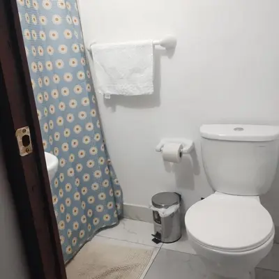 a bathroom with a toilet and a shower curtain at Hospedaje CASABLANCA URUBAMBA in Urubamba