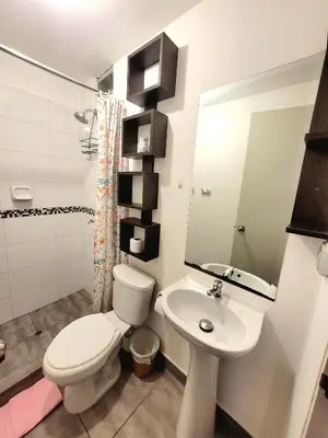 a bathroom with a toilet and a sink and a mirror at Modern and comfortable apartment nearby Aairport in Lima