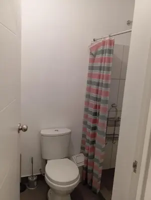 a bathroom with a toilet and a shower curtain at Se alquila habitación con cama King y baño privado in Lima