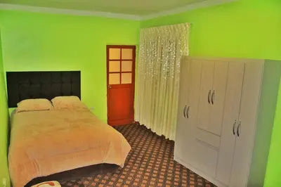a green bedroom with a bed and a red door at Casita San Pedro in Cusco