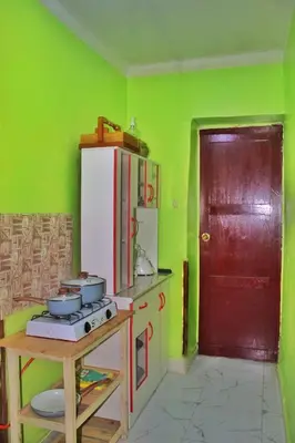 a kitchen with green walls and a red door at Casita San Pedro in Cusco