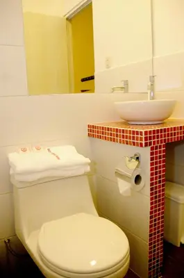 a bathroom with a white toilet and a sink at Flying Dog Hostel in Lima