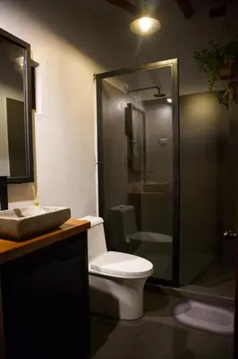 a bathroom with a toilet and a shower and a sink at Casa Campestre on the side of Saqsaywaman in Cusco