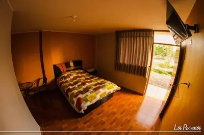 a bedroom with a bed and a large window at Hotel Los Pecanos in Ica