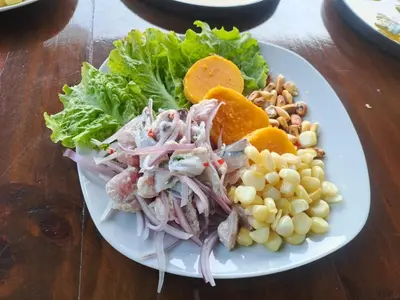 a plate of food with salad and vegetables on a table at Hotel Kendari - Chincha in Chincha