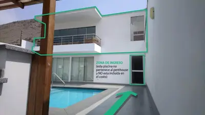 a rendering of a house with a swimming pool at Little Oasis in Lima penthouse with pool, Grill, nice view, gated community in Ciudad de Dios