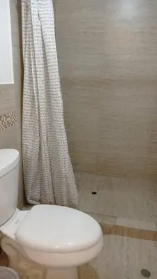 a bathroom with a toilet and a shower curtain at Departamento en Santa Catalina in Lima
