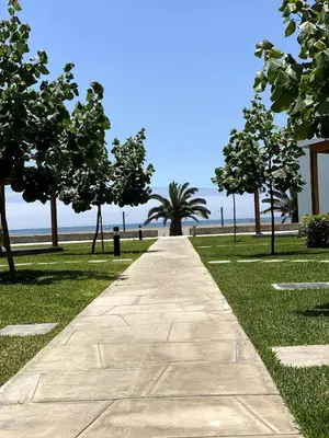 a walkway through a park with a palm tree at Casa de Playa Hawi in San Antonio