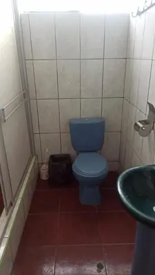 a bathroom with a blue toilet and a sink at Depawanka habitacion amoblado in Huancayo