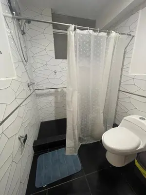 a bathroom with a toilet and a shower curtain at Mirador Vip Apartment in Cusco
