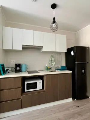 a kitchen with white cabinets and a black refrigerator at Art28 Studio Apartment in Lima