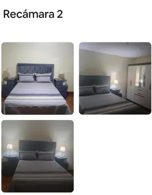 three pictures of a bedroom with a bed and a dresser at Departamento Acogedor en Surco in Lima