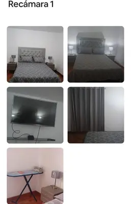 four pictures of a bedroom with a bed and a tv at Departamento Acogedor en Surco in Lima
