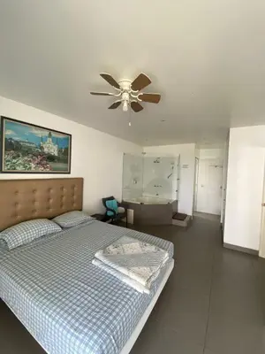 a bedroom with a bed and a ceiling fan at Dpto en Paracas con vista al Mar in Paracas