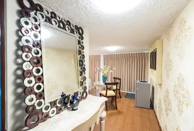 a living room with a mirror and a table at INTI KILLA Hostel in Lima