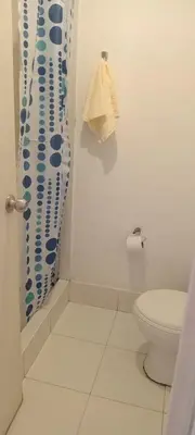 a bathroom with a shower curtain and a toilet at Departamento 5p Lima Centro 3 dormitorios 4 camas in Lima