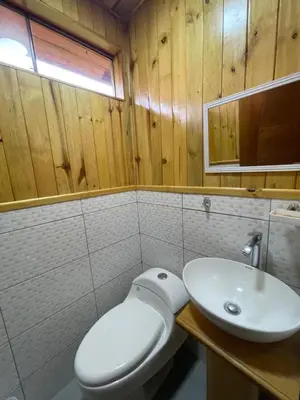 a bathroom with a toilet and a sink at Cabaña Alpina Yanesh Haus in Oxapampa