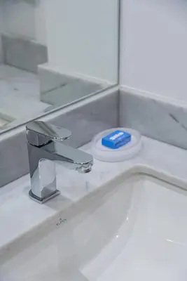 a sink with a faucet and a plate with a blue lid at Gardenia by Geko in Lima