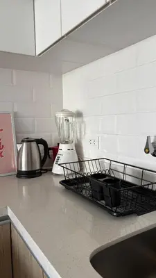 a kitchen counter with a dish drying rack and a blender at Apartment 2BDR next to Javier Prado - San Isidro in Lima
