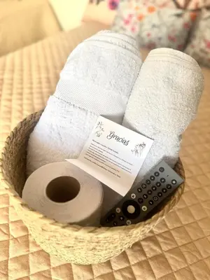 a basket filled with toilet paper and a remote control at Cuzco Lodgement in Lima