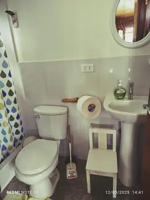 a bathroom with a white toilet and a sink at Yoly cabaña in San Francisco