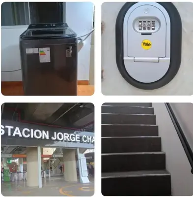 a collage of four pictures with a trash can and stairs at Departamento Acogedor en Surco in Lima