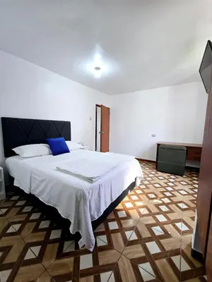 a bedroom with a large white bed with blue pillows at Los Angeles Hotel in Huaral