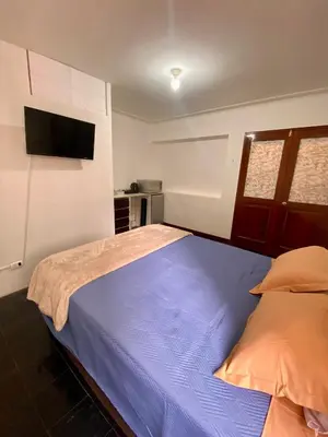 a bedroom with a bed with a blue comforter at Céntrica y amplia habitación queen Av Larco in Lima