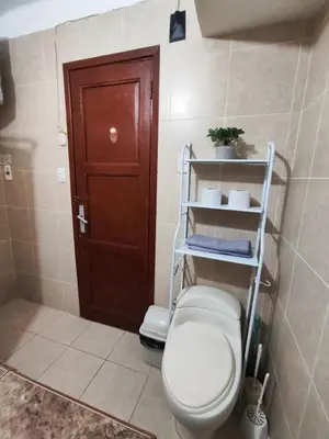 a bathroom with a toilet and a wooden door at Céntrica habitación con vistas Miraflores in Lima