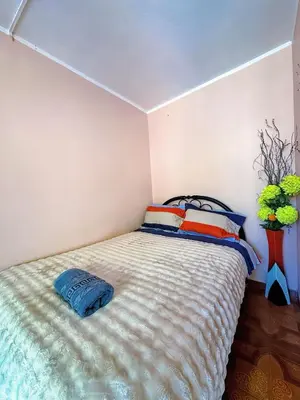 a bedroom with a bed and a vase with flowers at Departamento completo cerca de la Plaza ,cocina equipada y vista a la ciudad in Ayacucho