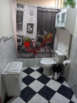 a bathroom with a toilet and a bike in it at Angelica's House - Apartments Lima - Near the Airport in Lima