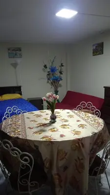 a table with a vase of flowers on it at Studio with kitchen and Bathroom Near The Airport in Lima
