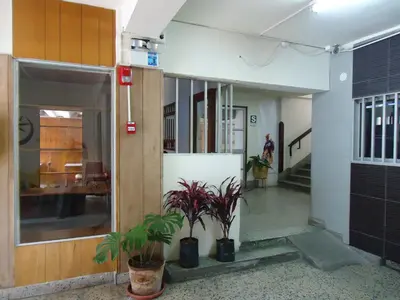 a building with potted plants in front of a door at Hotel Estación Central in Lima