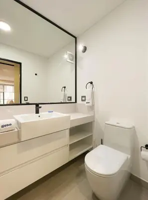 a bathroom with a toilet and a large mirror at Rivera Navarrete by Geko in Lima