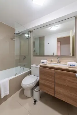 a bathroom with a toilet and a sink and a mirror at Midnight District Apartment by Geko in Lima