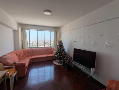 a living room with a couch and a christmas tree at Amplia habitación en centro de Lima in Lima