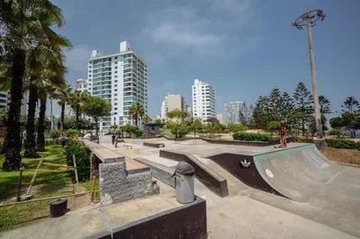 a skate park with a skateboard ramp in a city at Manuel Tovar Apartment in Miraflores 1 BDR in Lima
