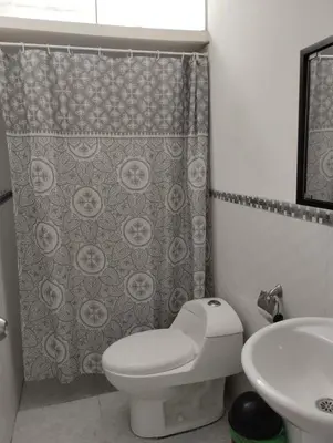 a bathroom with a toilet and a shower curtain at Acogedora casa en ICA - PERU in Ica