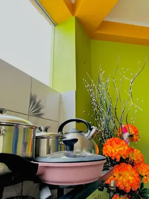 a kitchen counter with a pot and some flowers at Departamento con baño privado in Ayacucho