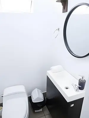 a bathroom with a toilet and a sink and a mirror at Casa en el corazón de Miraflores in Lima