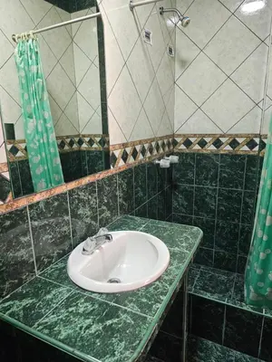 a bathroom with a green counter and a sink at Hotel Atenas in Lima