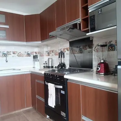 a kitchen with a black stove and a blender at Bonito Departamento Lima Carabayllo in Lima