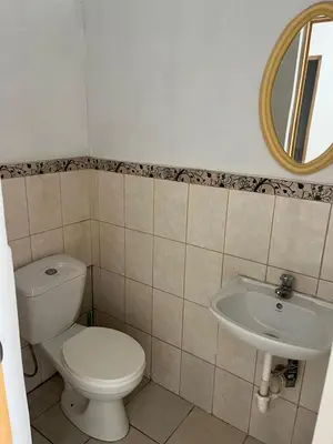a bathroom with a toilet and a sink at Punta Hermosa - depa Santa Cruz in Punta Hermosa