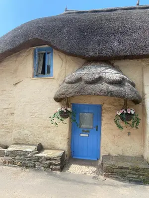 a house with a thatched roof with a blue door at Residencial Misky Dreams in Huánuco