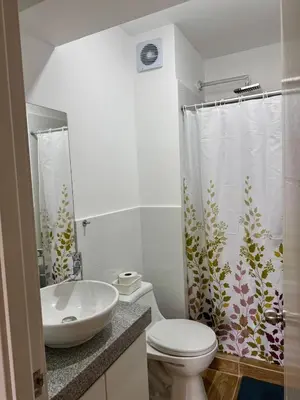 a bathroom with a sink and a toilet and a shower curtain at Encantador departamento con hermosa vista in Lima