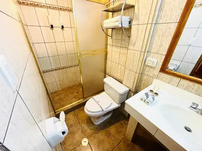 a bathroom with a toilet and a sink and a shower at Hotel Rojas Machupicchu in Machu Picchu