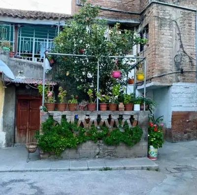a garden with potted plants and flowers in front of a building at Habitación para 4 personas a pasos de la plaza de armas in Ayacucho